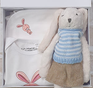 Personalised Organic Cotton Hooded blanket and Baby Toy with Baby onesie