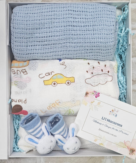 Bamboo Towel, Bamboo Wrap, Crochet  Blacket and Rattle Socks - Blue