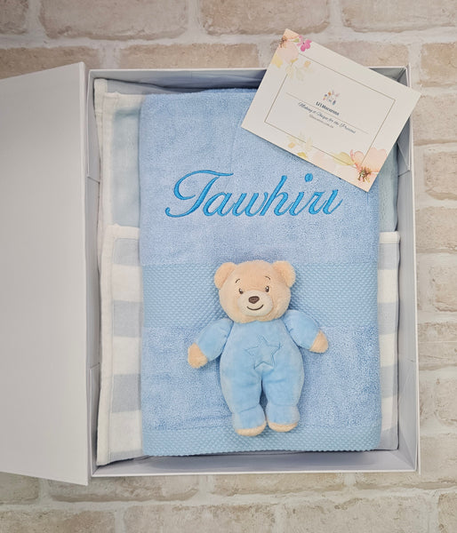 Super Soft Micro fibre Blanket, Bamboo Towel and Rattle Teddy - Blue