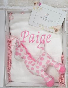 Personalised Bamboo Towel and Rattle Giraffe - Pink