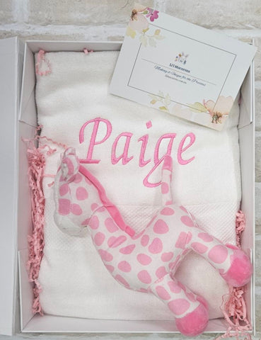 Personalised Bamboo Towel and Rattle Giraffe - Pink