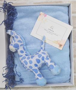 Personalised Bamboo Towel and Rattle Giraffe - Blue