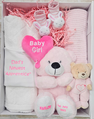 Baby Girl Teddy, Bamboo Towel, Crochet  Blanket, Organic Onesie, Rattle Teddy and Rattle Socks