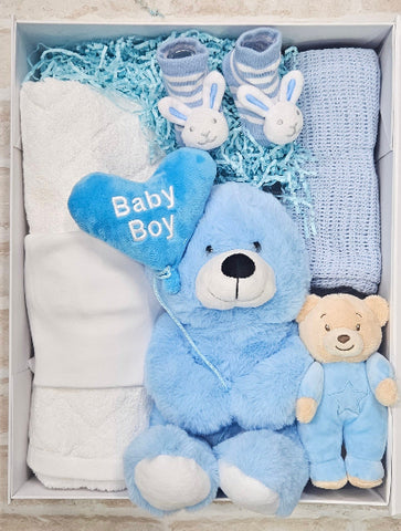 Baby Boy Teddy, Bamboo Towel, Crochet  Blanket, Organic Onesie, Rattle Teddy and Rattle Socks (Copy)