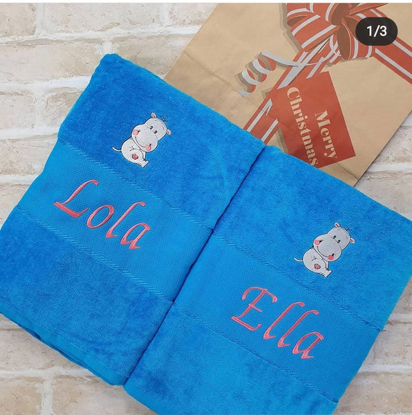 Personalised Beach Terry Velour Cotton Towel with Embroidered Hippo