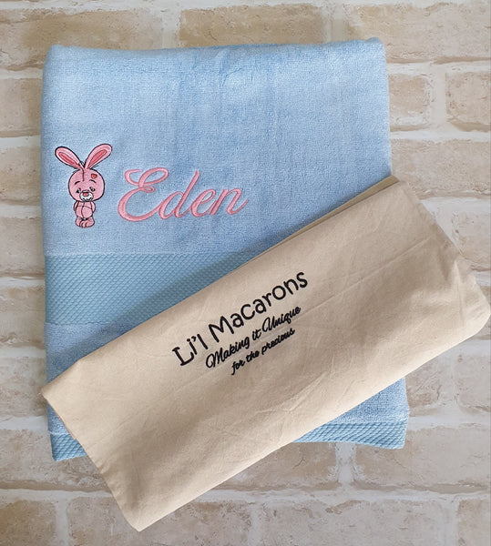 Personalised Blue Bamboo Towel with Embroidered Bunny