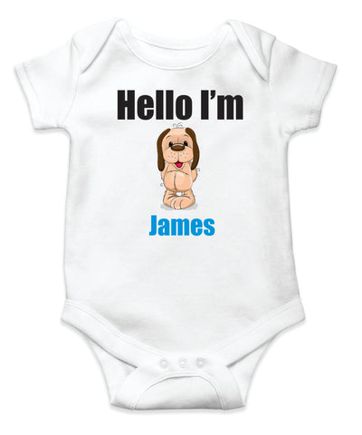 Personalised Onesie for intruducing to family and friends - 100% Organic Cotton - Hello I'M... (Dog Print - Boy)
