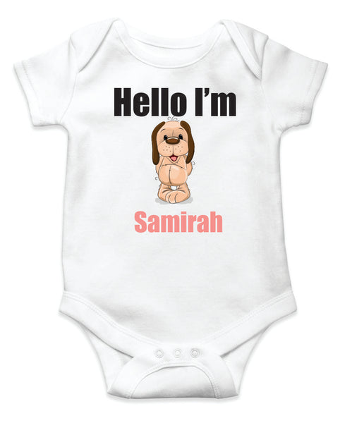 Personalised Onesie for introducing to your family and friends  100% Organic Cotton - Hello I'M... (Dog Print - Girl)