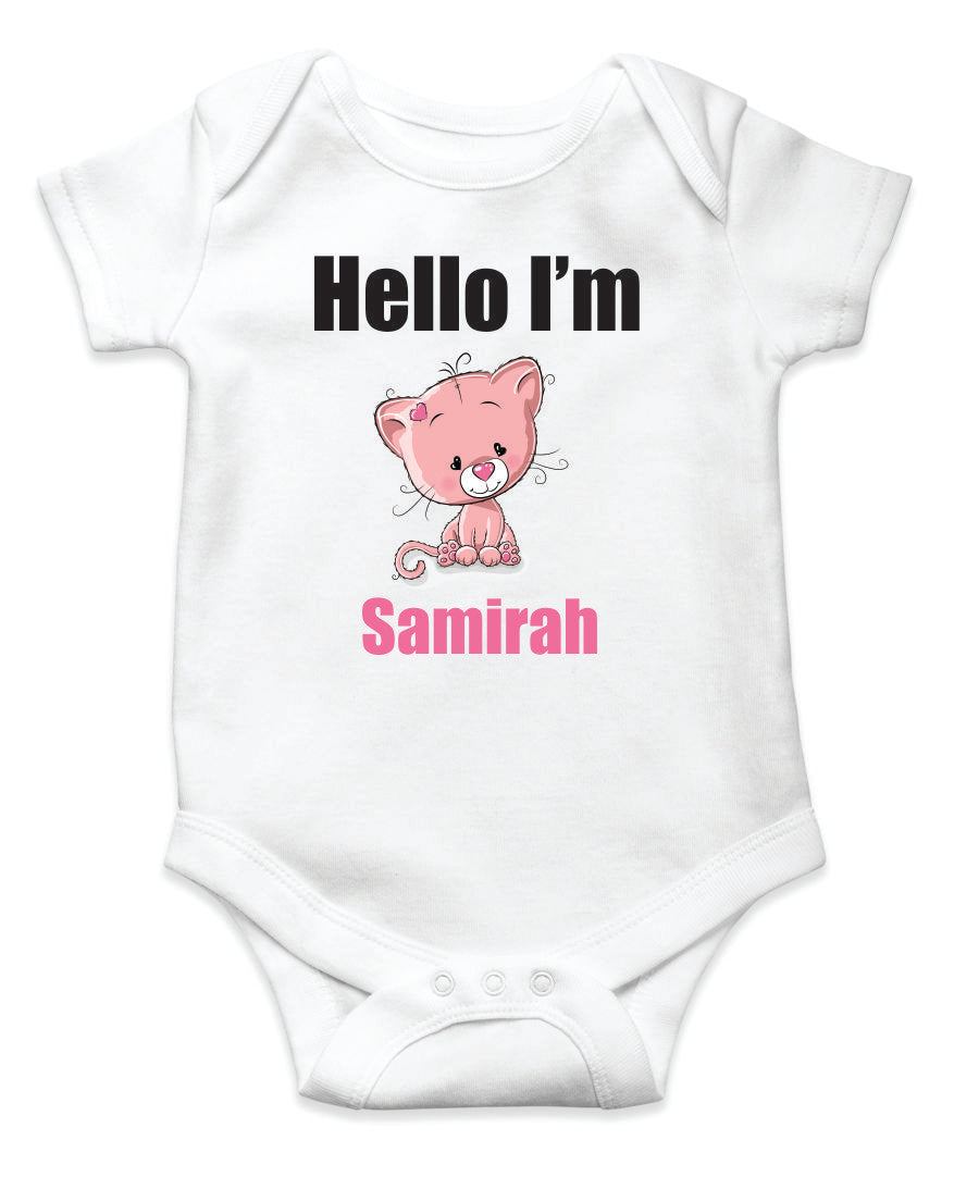 Personalised Onesie for introducing to your family and friends - 100% Organic Cotton - Hello I'M... (Kitten Print - Girl)