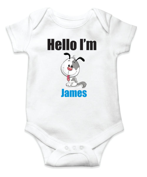 Personalised Onesie for introducing to your family and friends  - 100% Organic Cotton - Hello I'M... (Puppy Print - Boy)