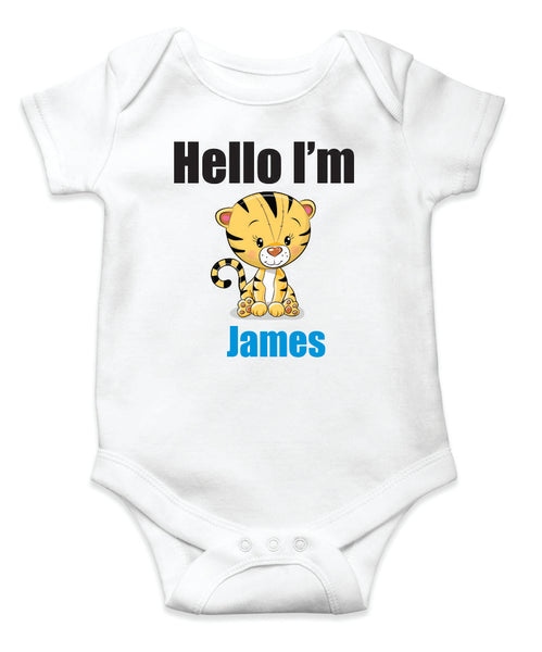 Personalised Onesie for introducing to your family and friends  - 100% Organic Cotton - Hello I'M... (Tiger Print - Boy)